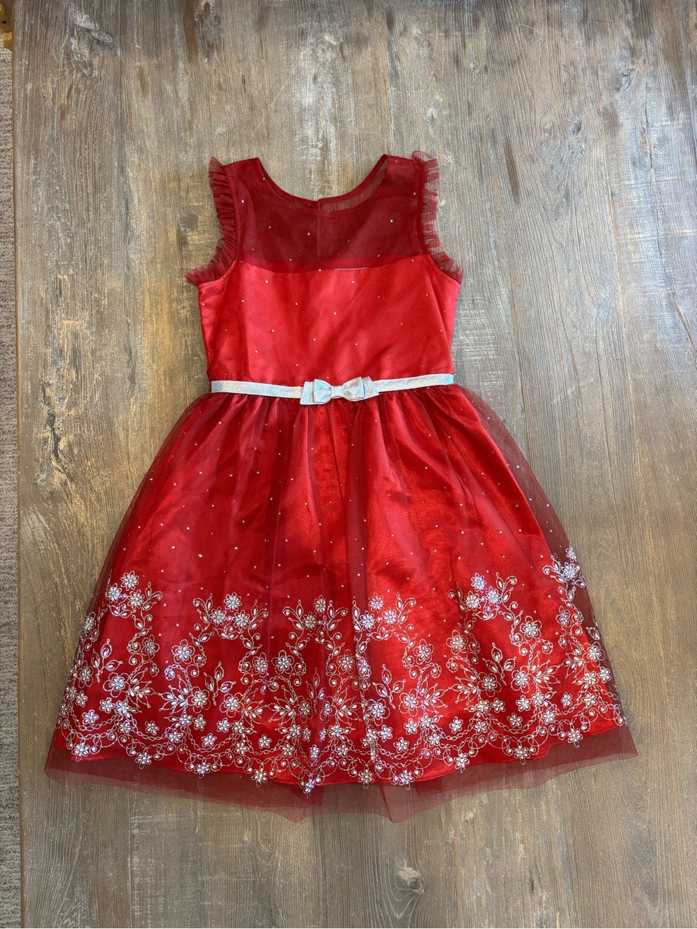 Jona Michelle Red Floral Tulle Dress with Silver Bow - Size 12